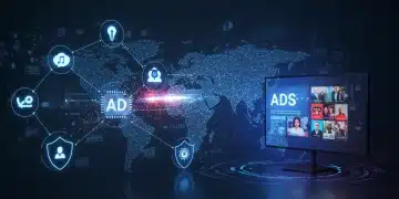 Futuristic digital advertising landscape with privacy, AI, and CTV elements