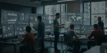 Professionals analyzing 2025 US market research data on digital screens for sales growth.