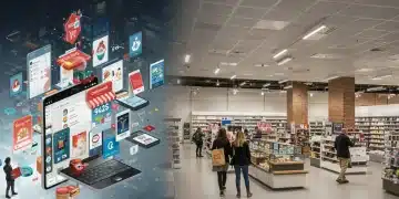 2025 US Retail Landscape: Online Sales Overtake Brick-and-Mortar by 8% Digital shopping cart on a tablet and a quiet physical retail store, symbolizing the shift in 2025 US retail landscape.
