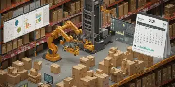 Amazon FBA warehouse with robots, inventory data, and 2025 calendar, symbolizing cost reduction strategies.