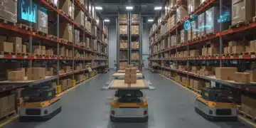 Automated warehouse with robots optimizing e-commerce supply chain operations