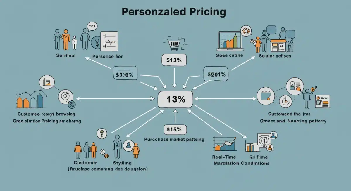 Infographic illustrating data points and algorithms used in personalized pricing models for e-commerce.