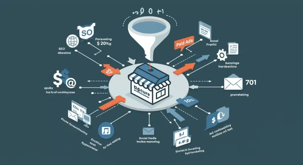 Infographic illustrating diverse digital marketing channels leading to increased BigCommerce store traffic