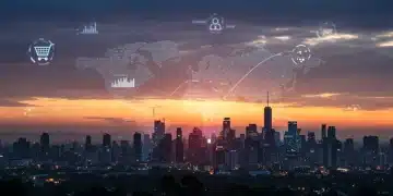 Futuristic city with e-commerce data overlays, symbolizing 2025 startup opportunities