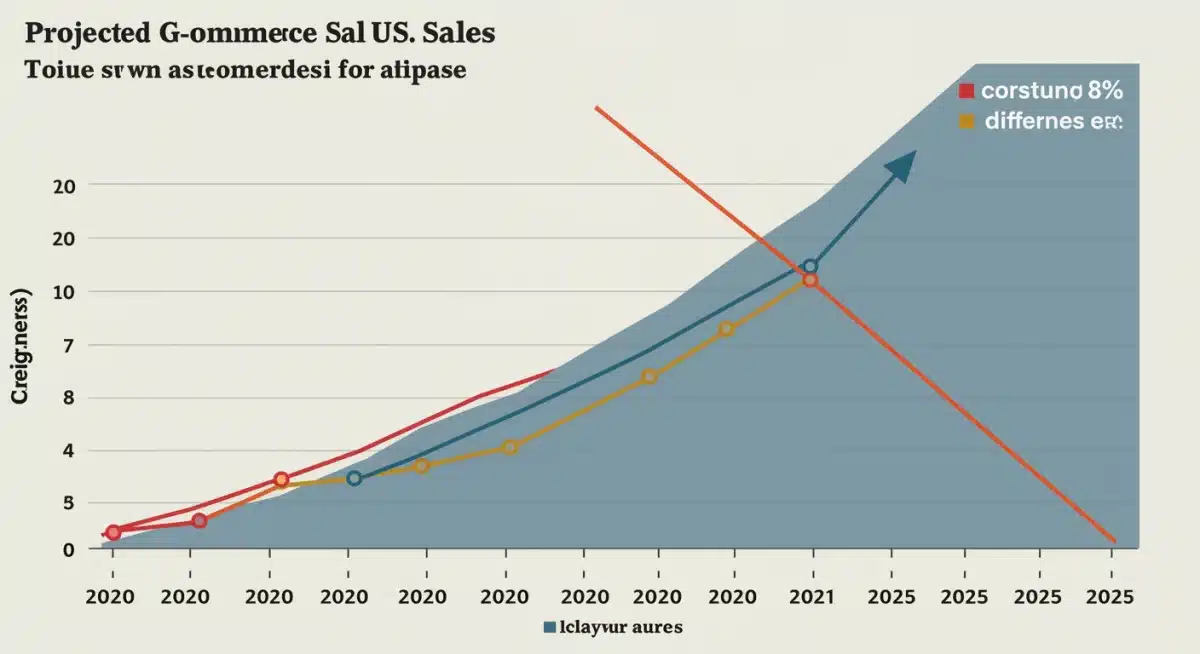 Infographic showing projected US e-commerce growth surpassing brick-and-mortar sales by 8% in 2025.