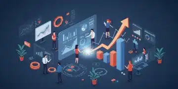 E-commerce startup team analyzing growth data on a holographic projection, symbolizing rapid market share gain.
