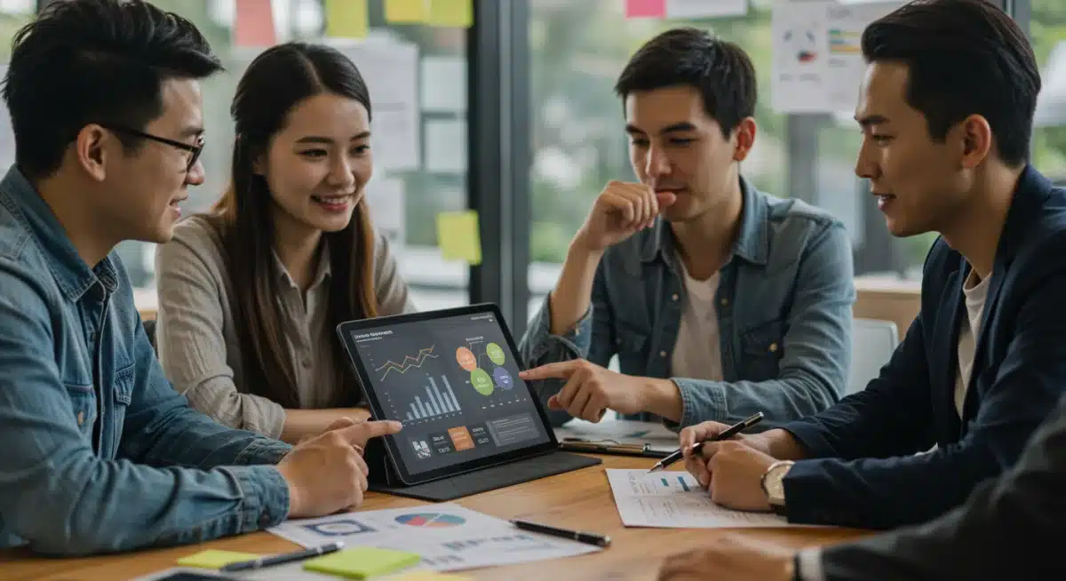 Entrepreneurs collaborating on e-commerce strategy and market analysis