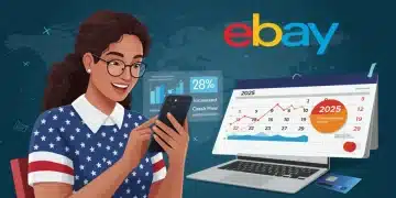 US business owner smiling at smartphone showing faster eBay payouts 2025