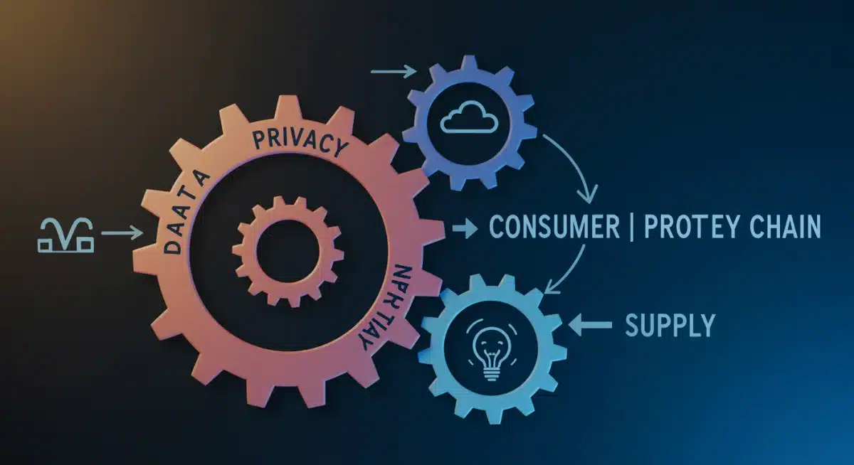 Interconnected gears representing data privacy, consumer protection, and supply chain compliance