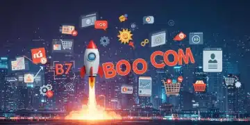 E-commerce startup rocket launching from beta to boom, symbolizing rapid customer acquisition and growth in 2025.