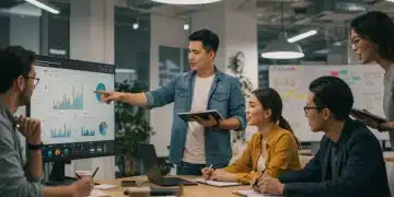 Diverse team collaborating on e-commerce strategy in a modern office