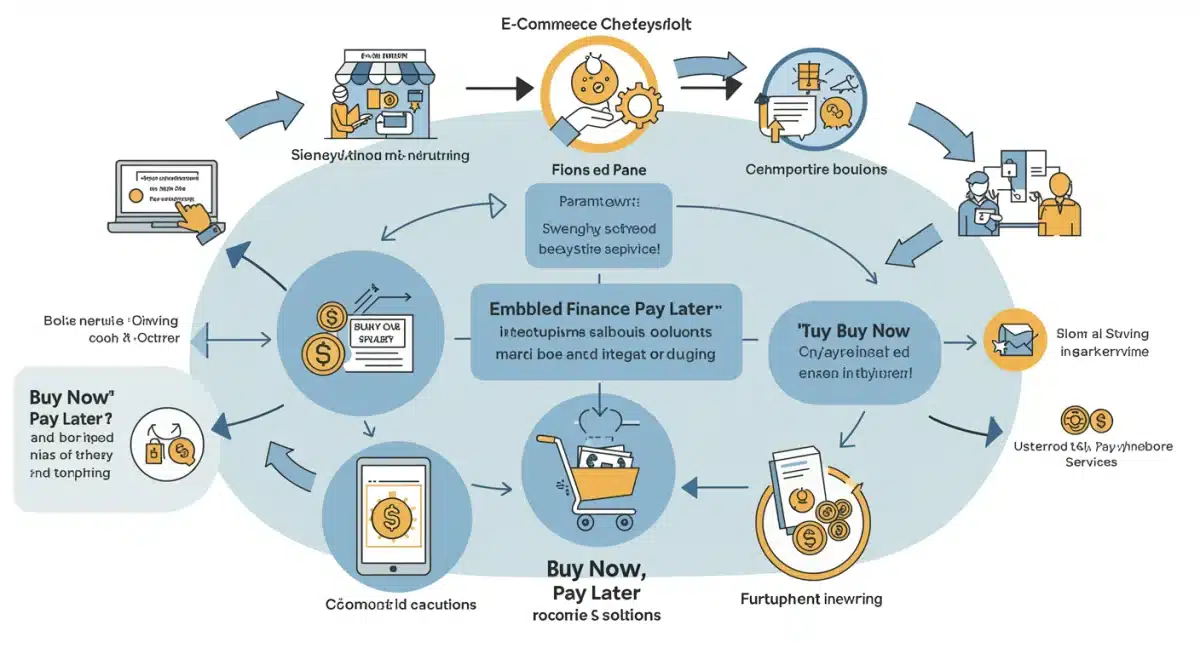 Visual representation of an e-commerce checkout flow integrating embedded finance options like BNPL directly into the payment process.