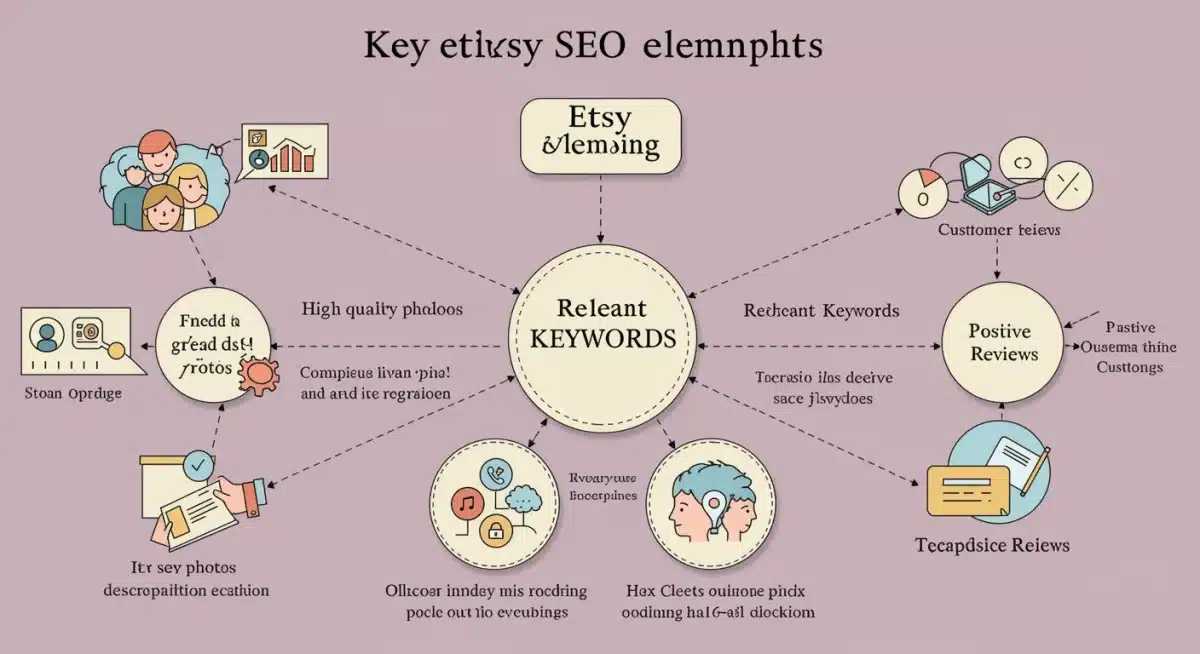 Infographic illustrating Etsy SEO best practices: keywords, photos, descriptions, and reviews.