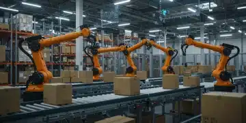 Futuristic warehouse with robotic automation and data analytics for supply chain efficiency