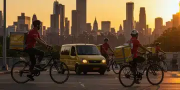 Gig economy drivers delivering e-commerce packages in a vibrant U.S. city