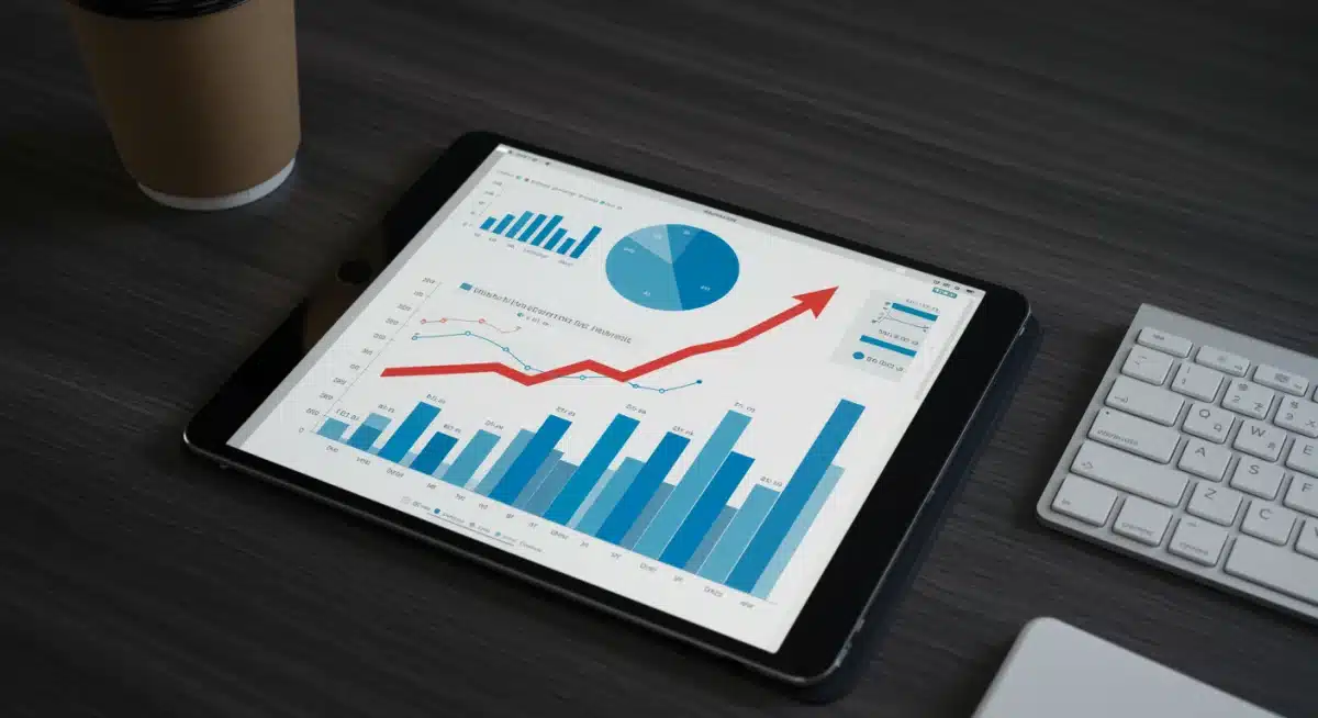 Tablet screen displaying rising graphs and data points, illustrating mobile e-commerce growth and analytics.