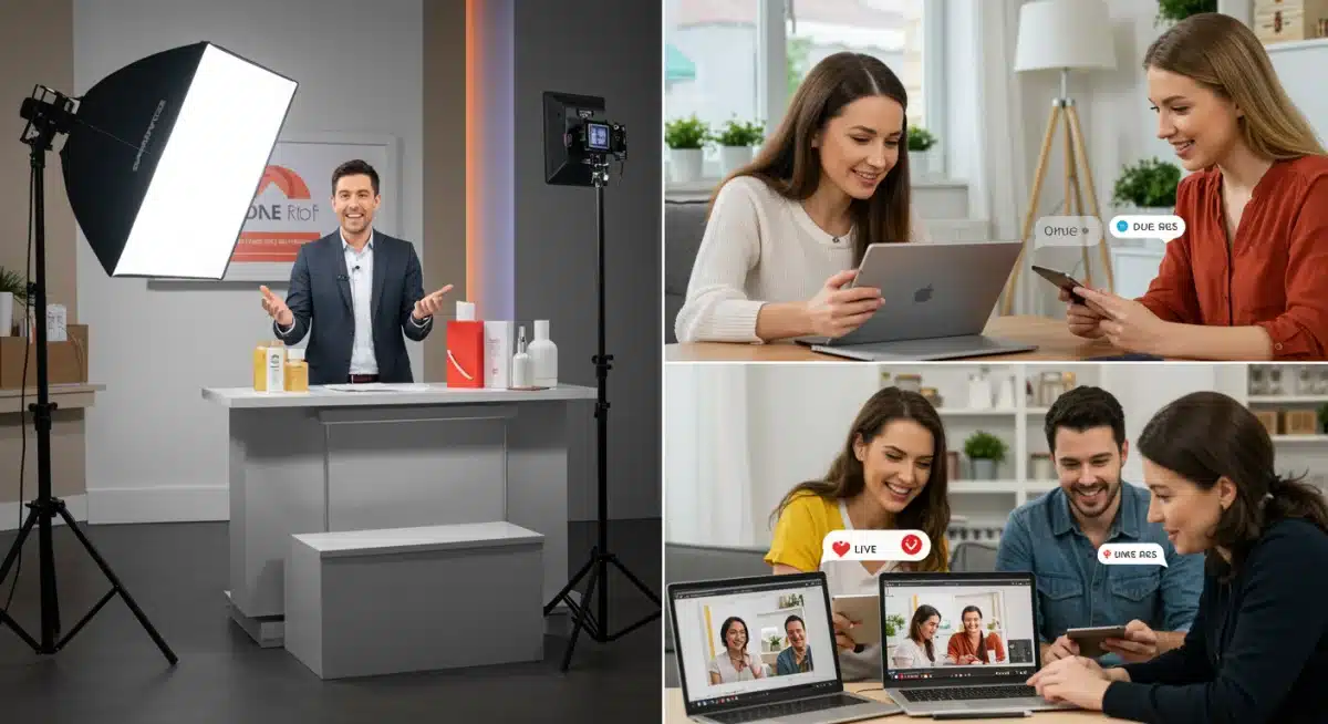 Retailer demonstrating product on live stream to diverse, engaged online audience.