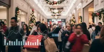 Bustling US holiday shopping scene with analytical overlay