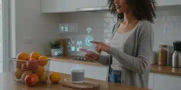 Woman ordering groceries with voice assistant in a modern kitchen, illustrating voice commerce adoption.