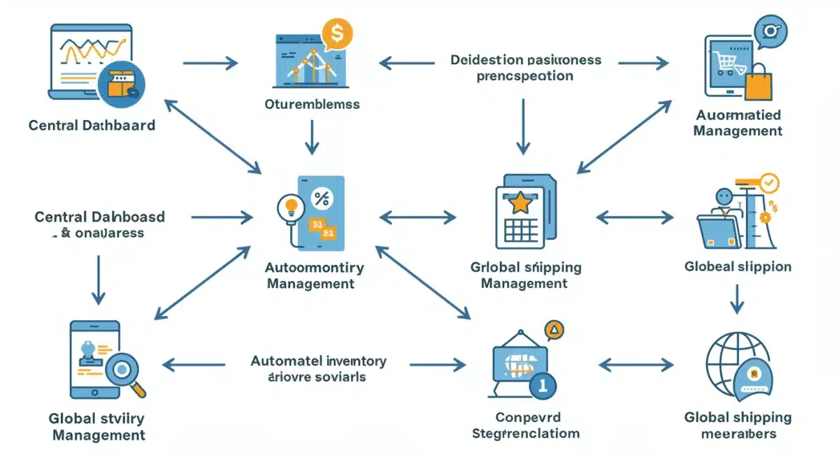 Infographic detailing interconnected new Walmart Marketplace seller tools for 2025, showing analytics, automation, and global features.